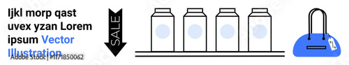 Four product containers on a shelf with a sale arrow, text placeholder, and blue shopping bag. Ideal for retail marketing, online shopping, e-commerce, discounts, product display, consumer goods web