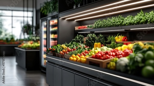 Vibrant Display of Fresh Vegetables and Fruits in a Modern Grocery Store Setting with Natural Lighting
