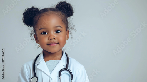 A Studio Portrait of a Little Black Girl Dressed Up as a Doctor, Isolated on a White Background