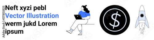 Woman sitting with laptop, dollar sign coin, launch rocket. Ideal for finance, technology, startup, business growth, entrepreneurship, online work, remote work. Landing page