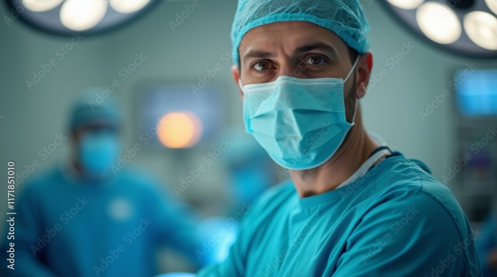 Close-up portrait of a male surgeon wearing a surgical mask and scrubs in an operating room setting. The focus is on the surgeon, with a blurred background.