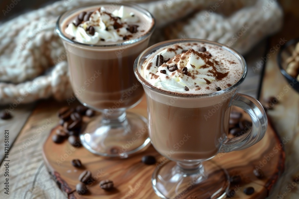 Hot chocolate drinks topped with whipped cream, coffee beans, and cocoa powder, served on a wooden board, create a cozy winter beverage Hot chocolate drinks topped with whipped cream, coffee beans, and cocoa powder, served on a wooden board, create a cozy winter beverage