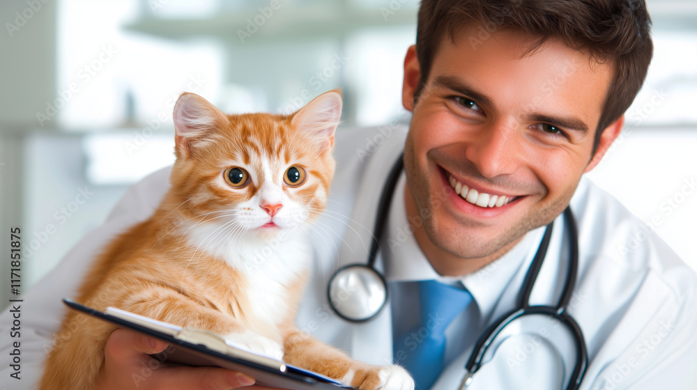 A cheerful veterinarian with a stethoscope and a clipboard, holding a playful tabby cat on a clean, professional background. A cheerful veterinarian with a stethoscope and a clipboard, holding a playful tabby cat on a clean, professional background.