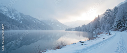 Silent snowy landscape reflecting calmness and tranquility with misty mountains and a frozen lake at dawn photo