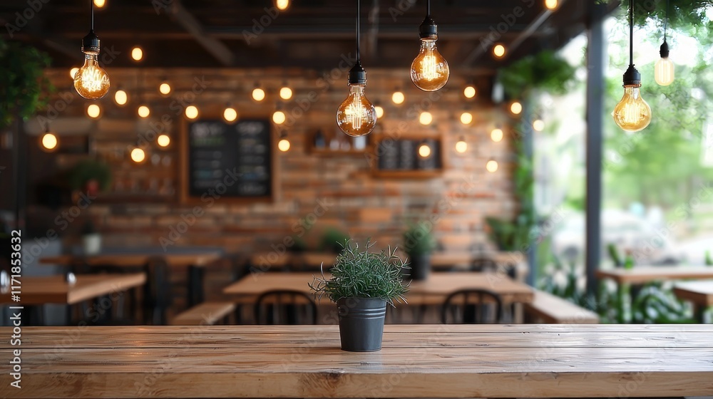 Rustic Cafe Ambiance: Warm Lighting and Wooden Table Rustic Cafe Ambiance: Warm Lighting and Wooden Table