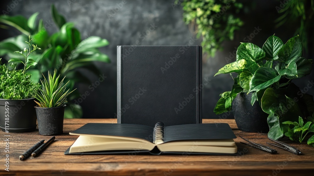A workspace with a blank notebook and plants. A workspace with a blank notebook and plants.