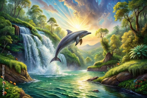 Fine art print: a fantastical waterfall with a leaping dolphin, capturing ocean wildlife's surreal beauty. photo