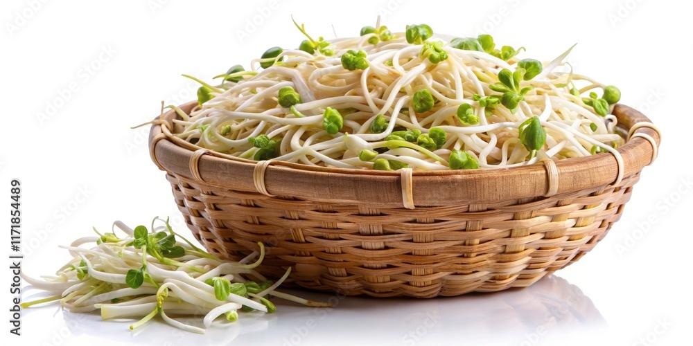 Fresh, white bean sprouts nestled in a basket; an aerial view of pure, isolated bounty. Fresh, white bean sprouts nestled in a basket; an aerial view of pure, isolated bounty.