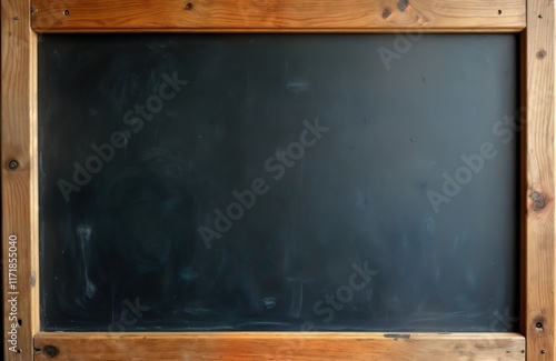 Blank chalkboard with wooden frame. Cleaned board ready for new messages. Suitable for various concepts like school, office, cafe. Vintage style, aged texture adds charm. Useful background template photo