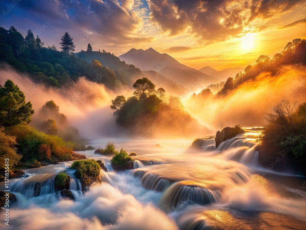 Obraz premium Dreamy haze shrouds a fantastical landscape; ethereal mist and magical fog create a mystic scene.