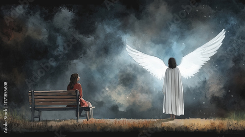 A tender watercolor depiction of Gabrielâs ethereal presence, his white wings glowing softly, as Mary looks up from her bench in quiet awe. photo