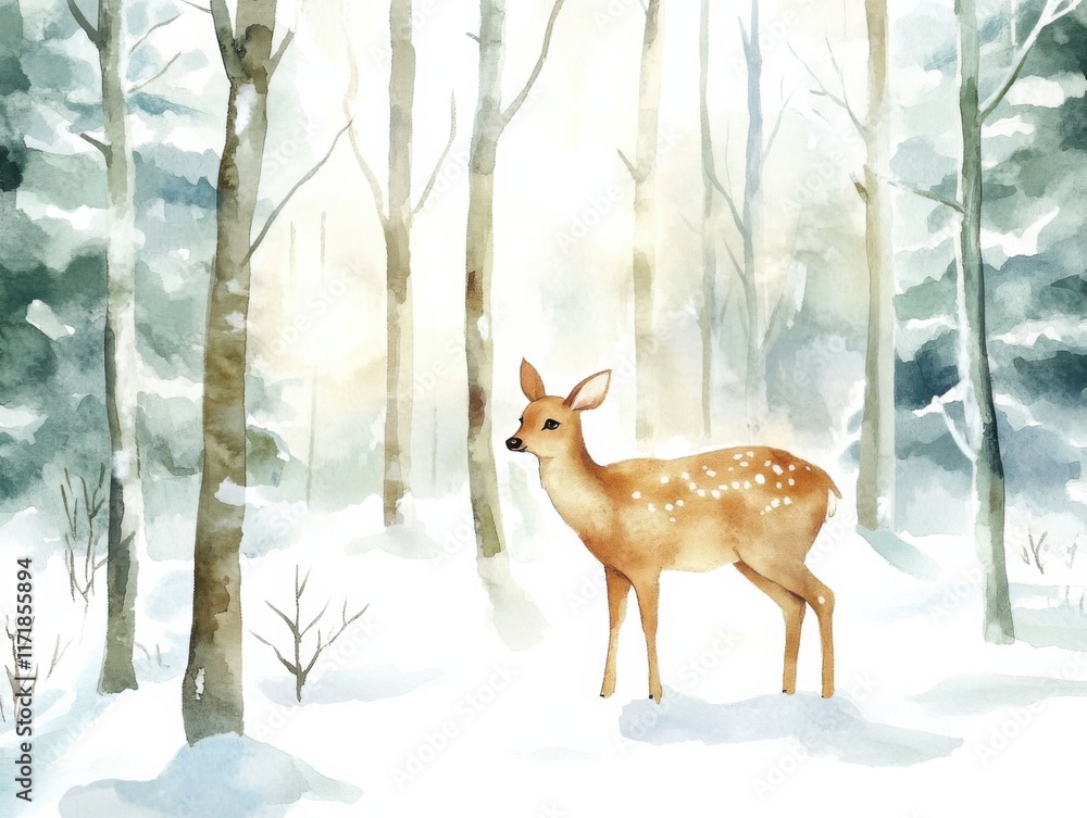 Fototapeta premium Enchanting winter forest with a gentle deer in whimsical watercolor
