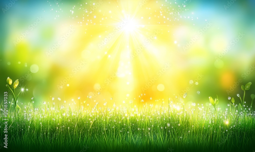 Fototapeta premium A close-up of fresh green grass adorned with dew drops, shot in soft focus