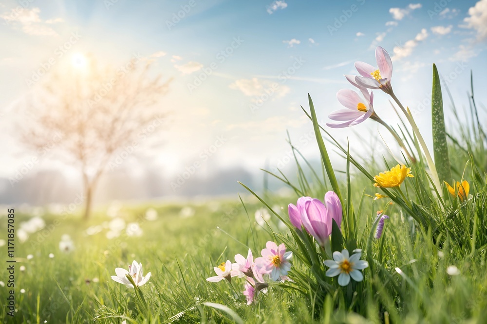 Fototapeta premium spring nature background with fresh grass and flowers against sunny sky