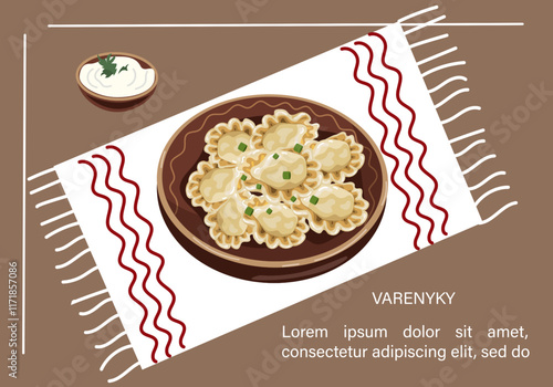 Vector illustration of Ukrainian national dish dumplings in clay pot. Design element for travel maps, posters, website, menu.