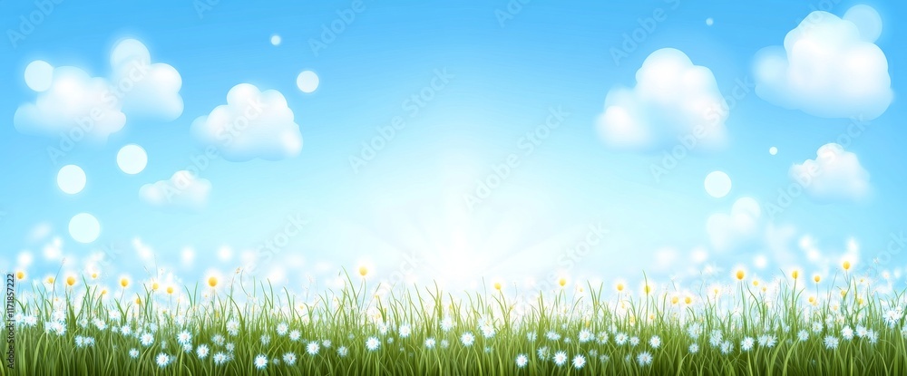 Fototapeta premium Sunbeams illuminate the azure heavens, scattered with fluffy white clouds