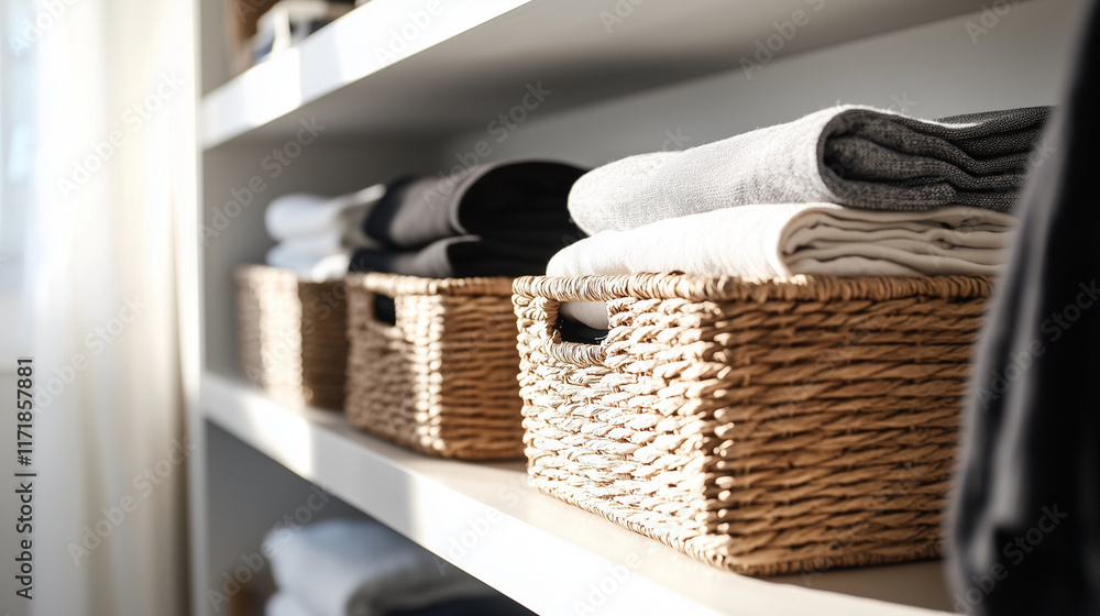 Obraz premium Modern shelves neatly organized with wicker baskets and fabric boxes, storing folded clothes and blankets in a functional and stylish home setting.