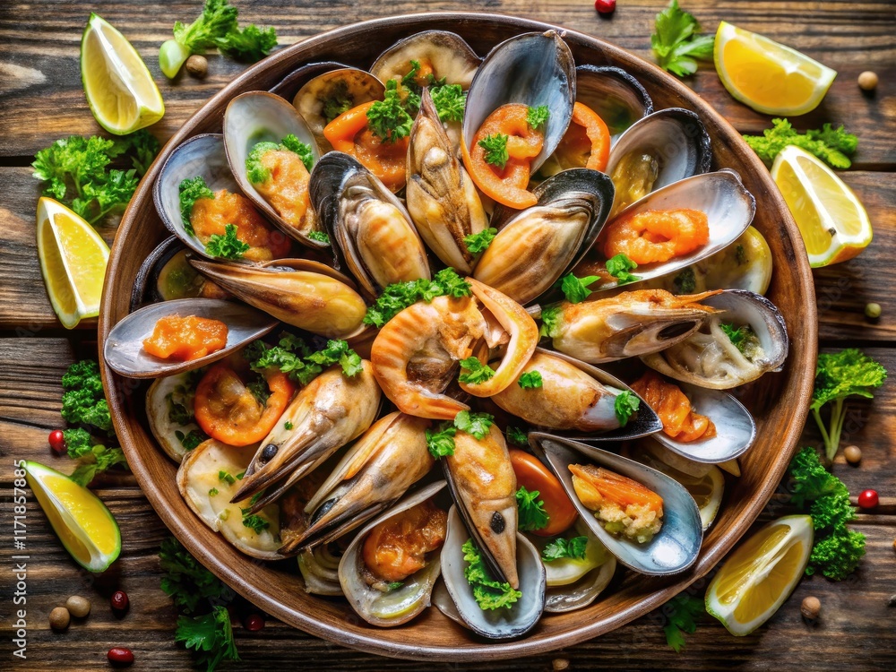 High-resolution photo: A delectable seafood platter featuring shrimp, mussels and oysters, ready to savor. High-resolution photo: A delectable seafood platter featuring shrimp, mussels and oysters, ready to savor.