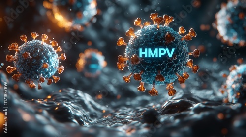 Human metapneumovirus or HMPV, virus causing upper and lower respiratory infection. 3d illustration medical imagery concept with HMPV text.