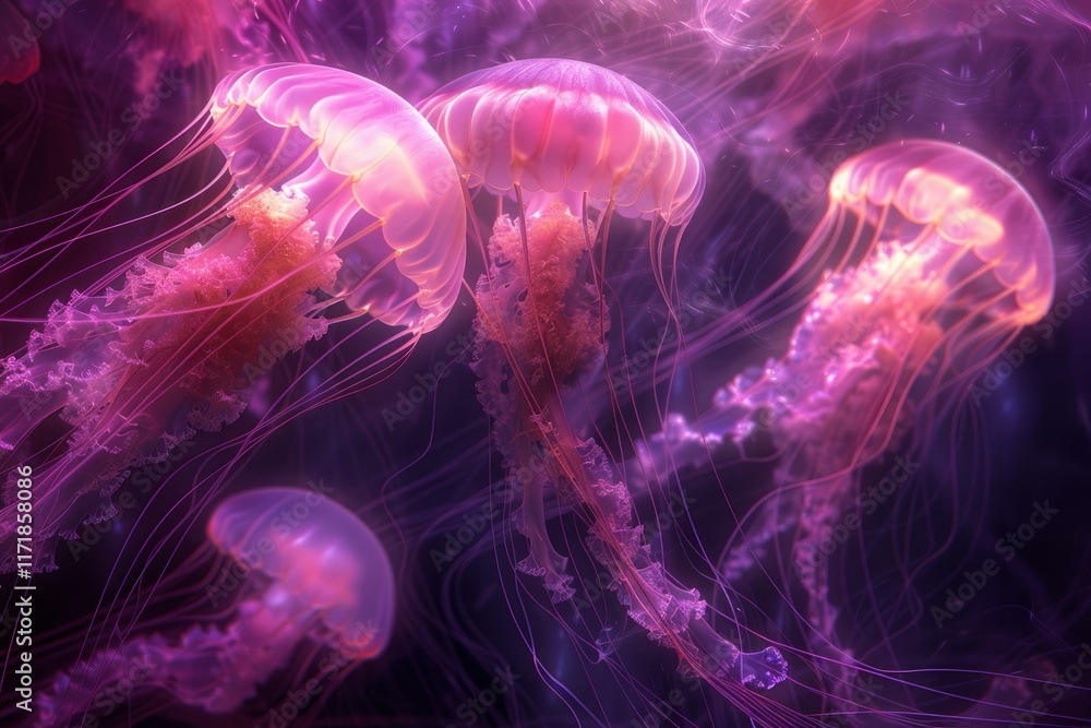 Naklejka premium Pink jellyfish are swimming in dark water, creating a mesmerizing underwater scene