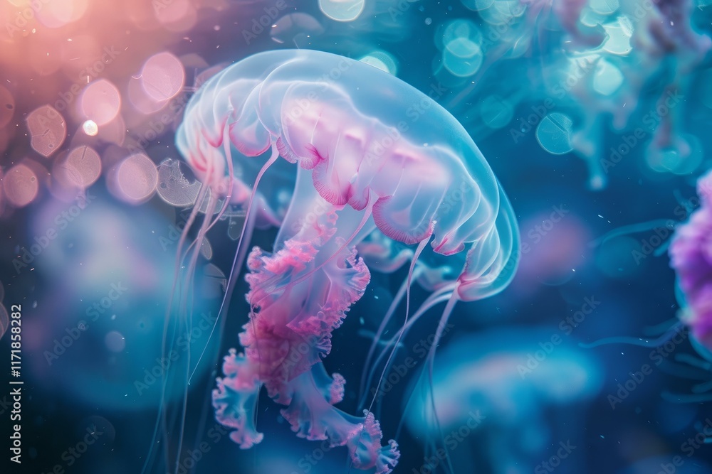 Naklejka premium Close up of a beautiful pink jellyfish with long tentacles floating in a dark blue ocean