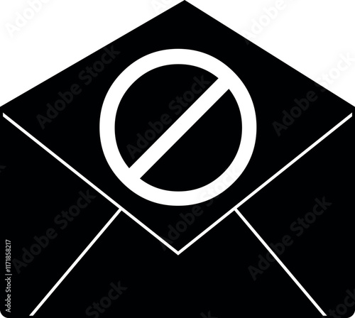 vector illustration black and white icon spam email concept, of a letter envelope with a forbidden symbol