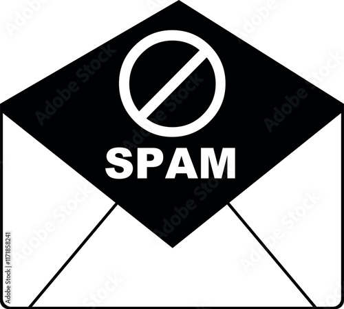 vector illustration black and white icon spam email concept, of a letter envelope with a forbidden symbol and a text