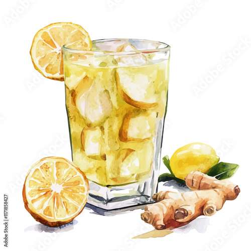 A watercolor vector painting of a lemon ginger juice, isolated on a white background. Lemon Ginger Juice vector.

