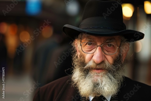 Portrait of an elderly, bearded jewish rabbi wearing a black hat, glasses, and a dark suit, standing in a blurred urban setting photo