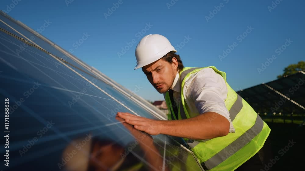 Engineer Conducts Detailed Solar Panel Inspection Engineer Conducts Detailed Solar Panel Inspection