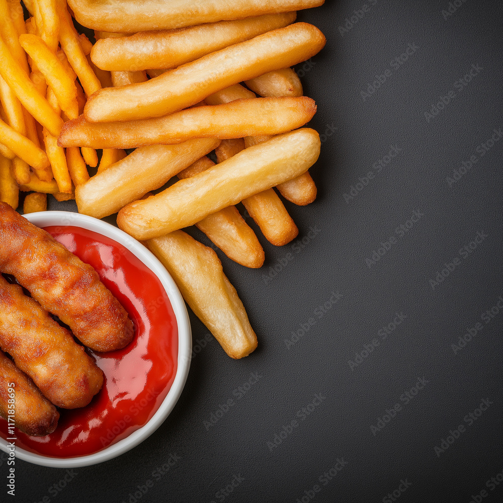 Overhead view of crispy golden fries with breaded fish sticks and ketchup on black background, highlighting classic comfort food and appetizing meal presentation. Overhead view of crispy golden fries with breaded fish sticks and ketchup on black background, highlighting classic comfort food and appetizing meal presentation.