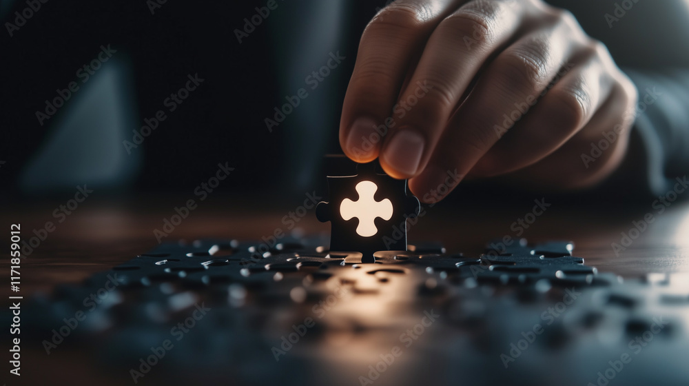 Close-up view of a glowing puzzle piece with a person icon held by a hand, completing a wooden jigsaw puzzle, representing the final step in recruitment.