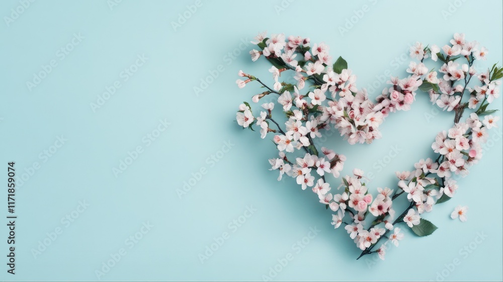 Floral wreath frame in a heart shape made of white and pink spring flowers isolated on blue background with copy space. Flat lay, top view banner for Valentines Day, Mothers Day, wedding invite Floral wreath frame in a heart shape made of white and pink spring flowers isolated on blue background with copy space. Flat lay, top view banner for Valentines Day, Mothers Day, wedding invite