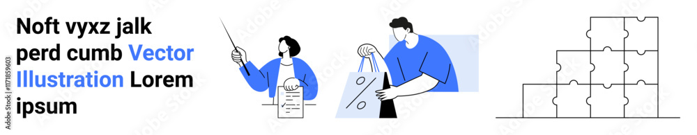 Team member presenting to colleague with clipboard, another assembling puzzle pieces. Ideal for teamwork, project management, collaboration, education, process flow, team building, communication