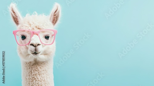 Lama wearing pink glasses isolated on blue background with copy space 