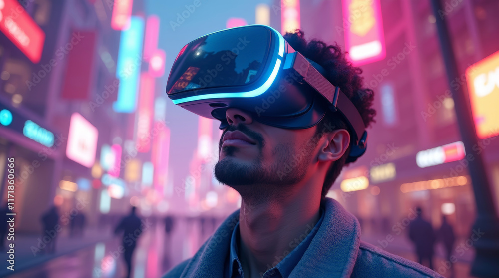 Young man wearing VR headset experiencing virtual reality in vibrant blue tones. Young man wearing VR headset experiencing virtual reality in vibrant blue tones.