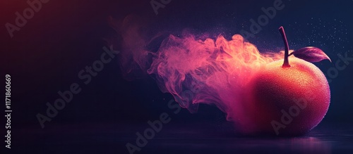Fiery red apple shrouded in a cloud of dramatic billowing smoke and steam creating an intense surreal and abstract digital art concept