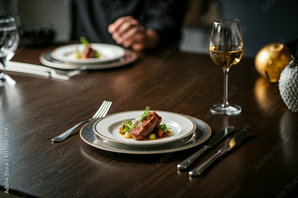 Elegant dining setting with gourmet dishes and a glass of wine on a dark wood table. Elegant dining setting with gourmet dishes and a glass of wine on a dark wood table.