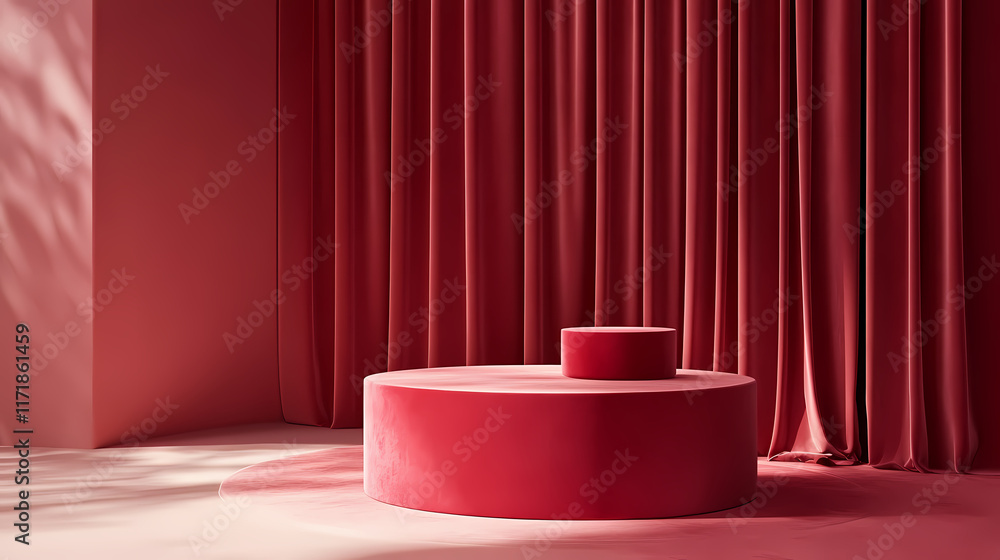 Podium product display stand in red with velvet curtain , elegant, luxurious, showcase, exhibition, retail, presentation, showcase. Velveted. Illustration Podium product display stand in red with velvet curtain , elegant, luxurious, showcase, exhibition, retail, presentation, showcase. Velveted. Illustration