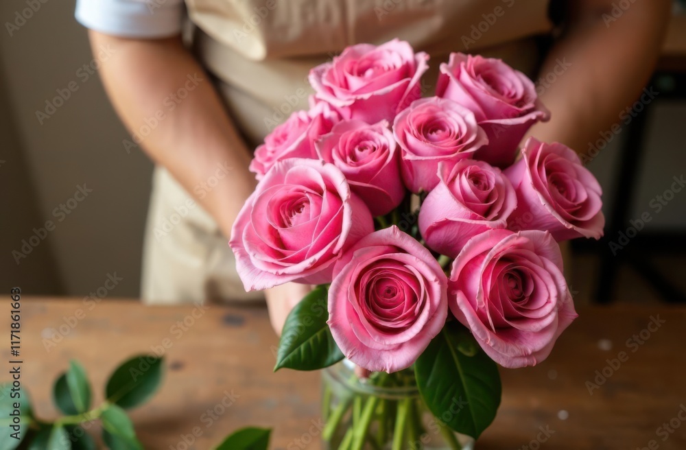 Florist arranging pink roses in glass vase for bouquet creation Florist arranging pink roses in glass vase for bouquet creation
