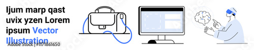 Business suitcase, computer monitor with coding software, and programmer wearing VR headset. Ideal for technology, business, software development, virtual reality, UXUI design, remote work, digital