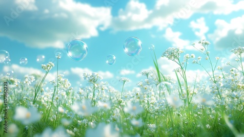 Fototapeta Naklejka Na Ścianę i Meble -  Baby on summer grass meadow playing with soap bubbles. Happines joy family concept. Beautiful sky on the back