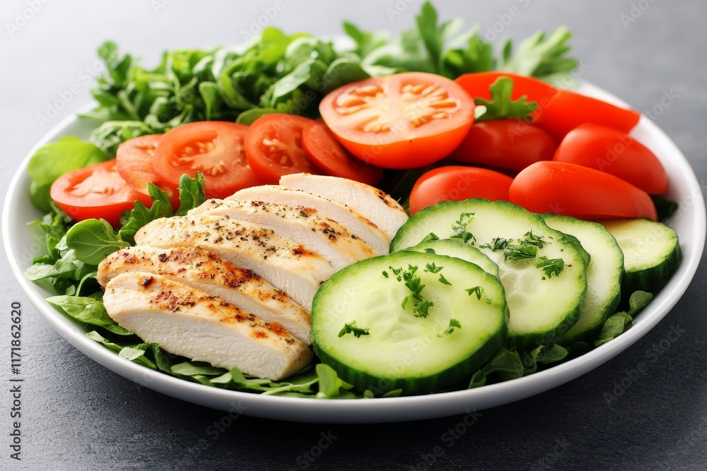 Grilled chicken breast, fillet, and a fresh vegetable salad with lettuce, arugula, spinach, cucumber, and tomato. Healthy lunch option Grilled chicken breast, fillet, and a fresh vegetable salad with lettuce, arugula, spinach, cucumber, and tomato. Healthy lunch option