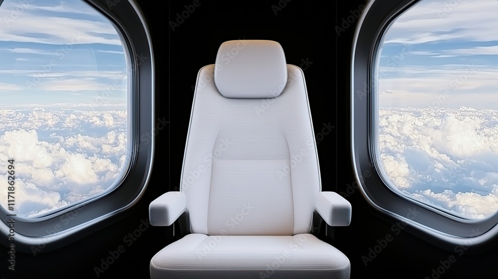 A sleek white chair in a high-tech cabin, framed by large windows showcasing a stunning view of clouds and blue skies. A sleek white chair in a high-tech cabin, framed by large windows showcasing a stunning view of clouds and blue skies.