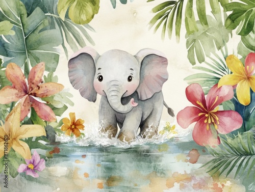 Whimsical baby elephant in tropical watercolor jungle for spring themed design photo