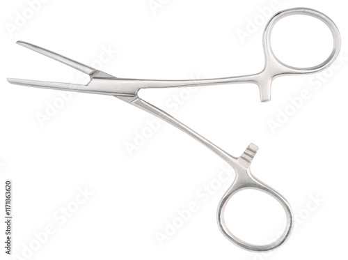 Forceps tool. Kelly forceps scissors. Stainless steel hemostatic forceps surgical forceps with locking clamps. Fishing pliers curved, straight tip. Fishing hook extractor. Medical instrument, supply