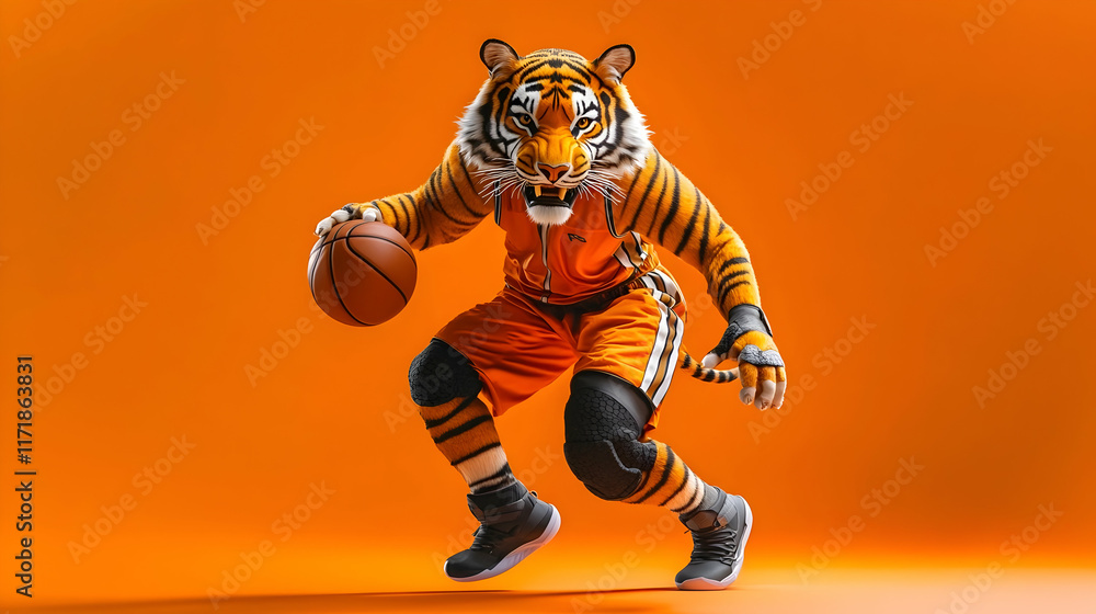 Determined tiger in basketball gear dribbling a ball, symbolizing focus and ambition, perfect for sports branding or motivational campaigns Determined tiger in basketball gear dribbling a ball, symbolizing focus and ambition, perfect for sports branding or motivational campaigns