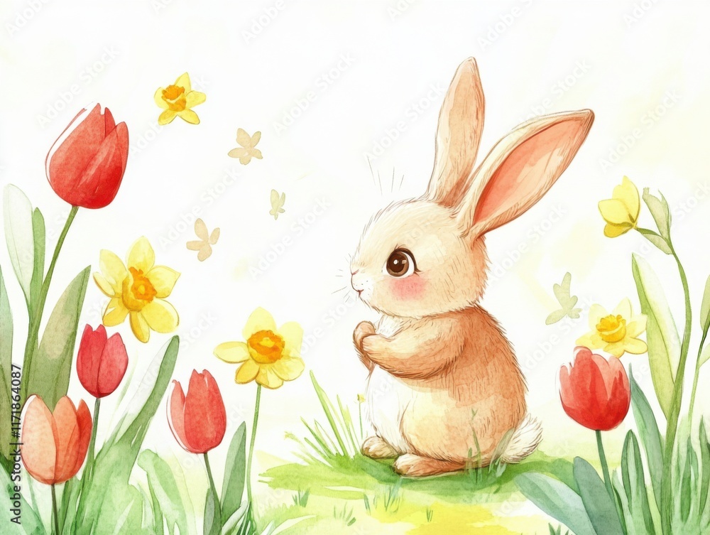 Whimsical spring illustration of a cheerful bunny surrounded by tulips and daffodils in a watercolor garden setting Whimsical spring illustration of a cheerful bunny surrounded by tulips and daffodils in a watercolor garden setting
