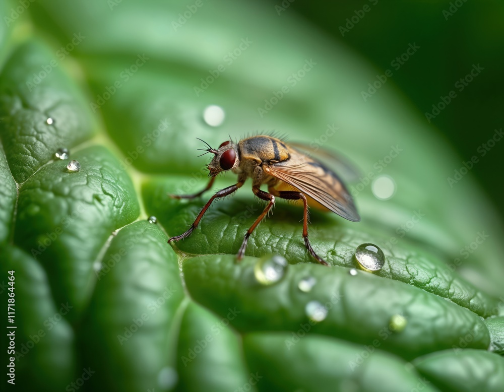 Closeup view of insect on green leaf. Tiny insect with brown, yellow patterns. Water droplets on leaf surface. Garden scene. Small insect feeds on leaf. Possible pest. Potential issue in garden. Home Closeup view of insect on green leaf. Tiny insect with brown, yellow patterns. Water droplets on leaf surface. Garden scene. Small insect feeds on leaf. Possible pest. Potential issue in garden. Home