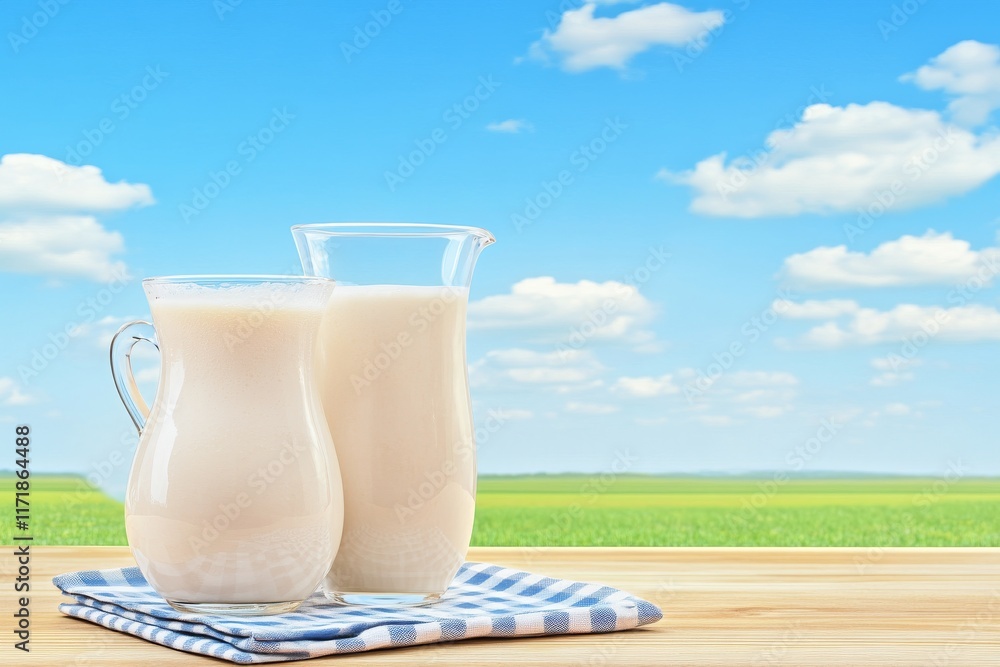 Fresh milk in a glass sits on a dark wooden table, with a blurred landscape and a cow in a meadow in the background. Healthy eating. Rustic style Fresh milk in a glass sits on a dark wooden table, with a blurred landscape and a cow in a meadow in the background. Healthy eating. Rustic style
